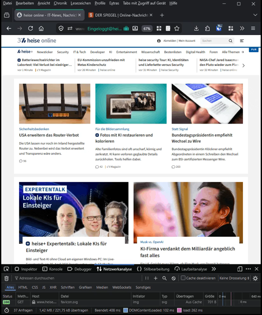 Ein Screenrecording, das das immens schnelle Laden auf heise.de und bei spiegel.de zeigt.