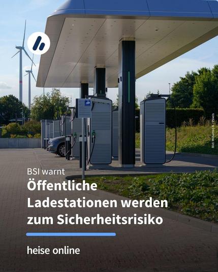 Das Bild zeigt mehrere Schnellladesäulen für Elektroautos. Im Bild steht: "BSI warnt
Öffentliche 
Ladestationen werden zum Sicherheitsrisiko"
