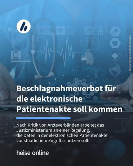 Das Bild zeigt eine Person aus dem Gesundheitswesen, die an einem Tablet arbeitet. Im Bild steht: "Beschlagnahmeverbot für die elektronische Patientenakte soll kommen" darunter steht: "Nach Kritik von Ärzteverbänden arbeitet das Justizministerium an einer Regelung, 
die Daten in der elektronischen Patientenakte 
vor staatlichem Zugriff schützen soll."