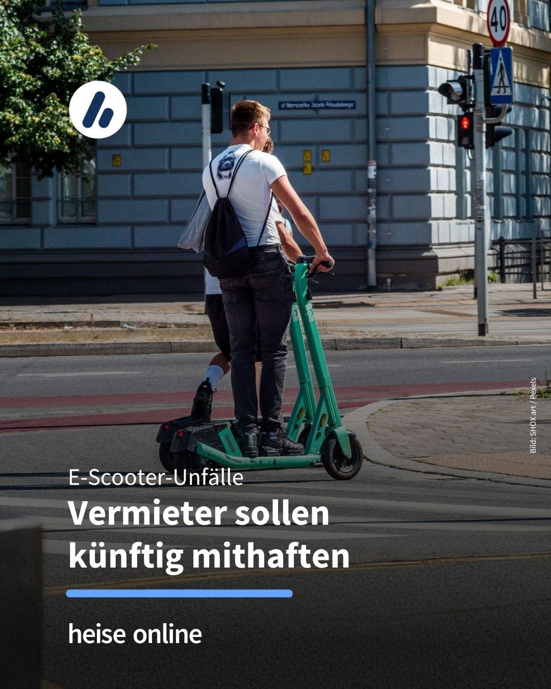 Das Bild zeigt Menschen die mit einem E-Scooter über eine Straße fahren. Im Bild steht: "E-Scooter-Unfälle
Vermieter sollen 
künftig mithaften"
