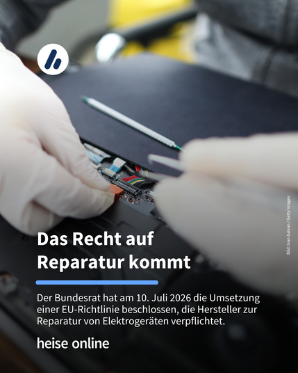 Das Bild zeigt eine wie gerade ein technisches Gerät mit Feinwerkzeug repariert wird. Im Bild steht: "Das Recht auf 
Reparatur kommt " darunter steht: "Der Bundesrat hat am 10. Juli 2026 die Umsetzung einer EU-Richtlinie beschlossen, die Hersteller zur Reparatur von Elektrogeräten verpflichtet."