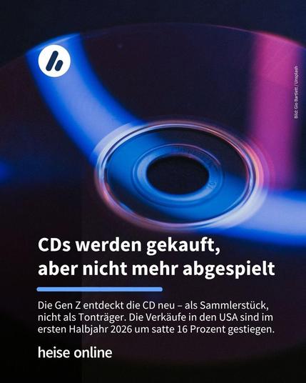 Auf dem Bild ist eine CD vor dunklem Hintergrund zu sehen. Im Bild steht: "CDs werden gekauft, 
aber nicht mehr abgespielt" darunter steht: "Die CD-Verkäufe in den USA sind im ersten Halbjahr 2026 um satte 16 Prozent gestiegen. Der Clou: 
Etwa die Hälfte der jungen Käufer besitzt gar keinen CD-Player mehr."