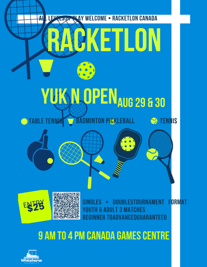 A poster for the Yukon Racektlon Open, August 29&30, 20207 in Whitehorse, $25 participation fee.