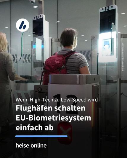 Das Bild zeigt Personen am einem Terminal mit Entry-Exit-System. Im Bild steht: "Wenn High-Tech zum Low-Speed wird:
Flughäfen schalten
EU-Biometriesystem einfach ab"